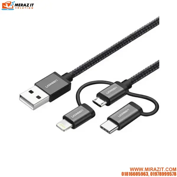 UGREEN 80326 USB 2.0 A To Micro USB Lightning Type C (3 in 1) Cable - 1M