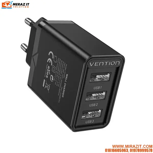 VENTION FEAB0-EU 3-port USB(A+A+A) Wall Charger EU-Plug Black